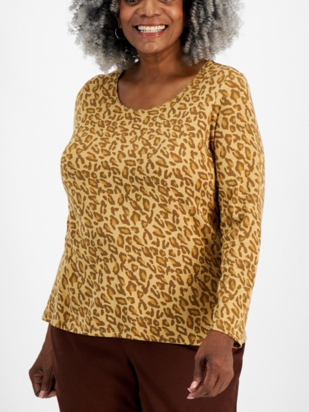 Style & Co Plus Size Printed Scoop-Neck Long-Sleeve Top Animal Cof